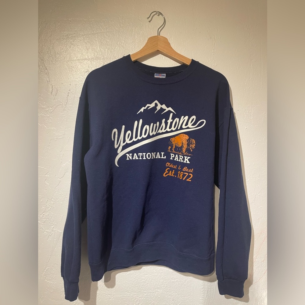 Jerzees Yellowstone National Park Crewneck Sweater Long Sleeve Blue Size Adult M
